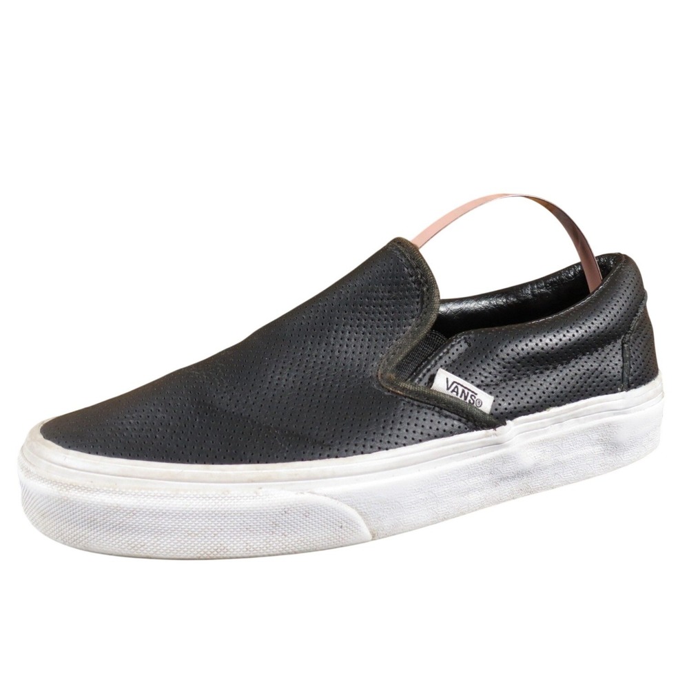 Vans Classic Slip-On‎ Women 5.5 Black Leather Perforated Casual Skate Sneakers